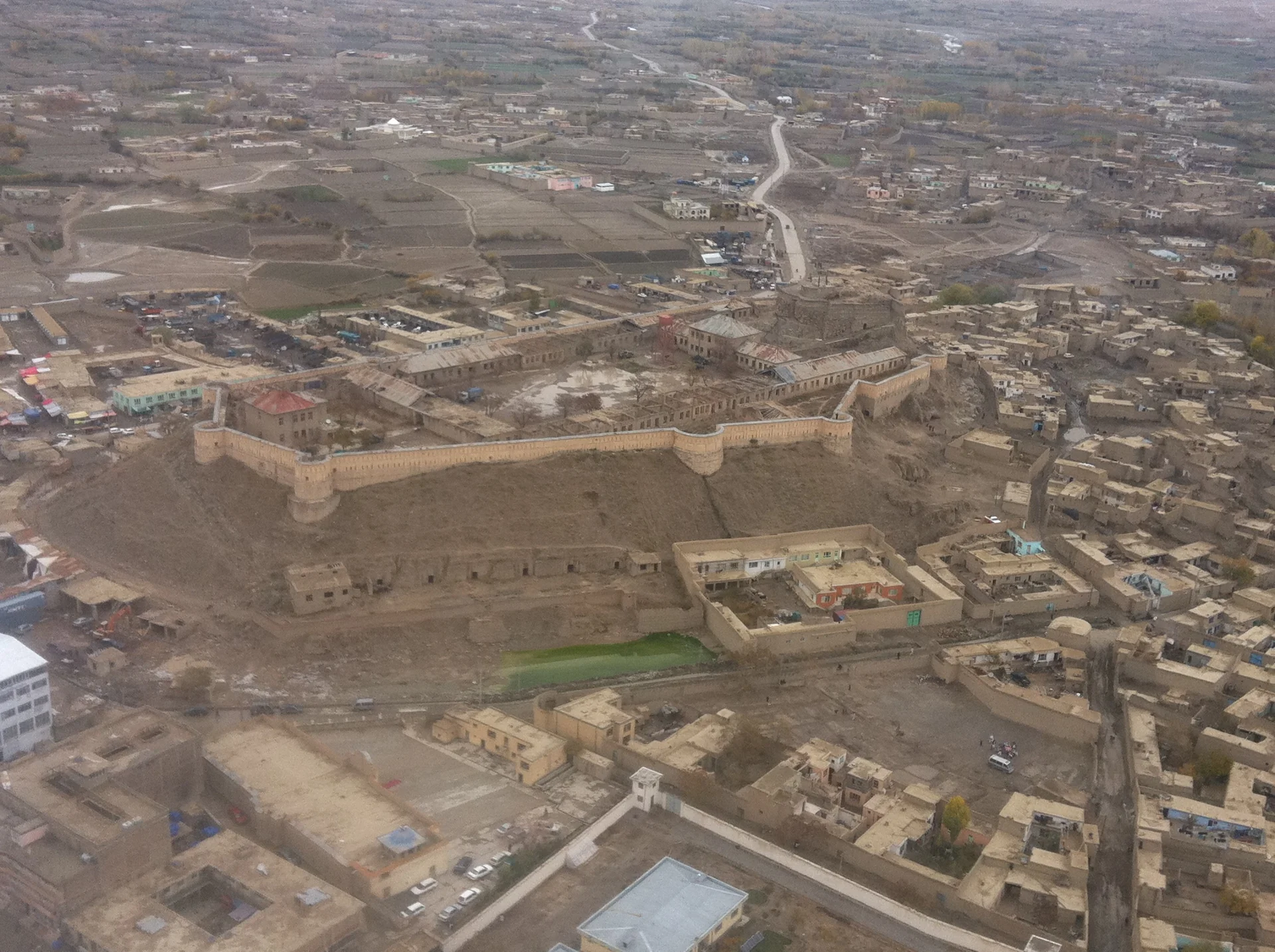 Aerial view of the earthen citadel and surrounding city of Ghazni.